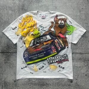Vintage Scooby-Doo T-Shirt Men XL White Chase Racewear NASCAR Ghoul Shaggy AOP